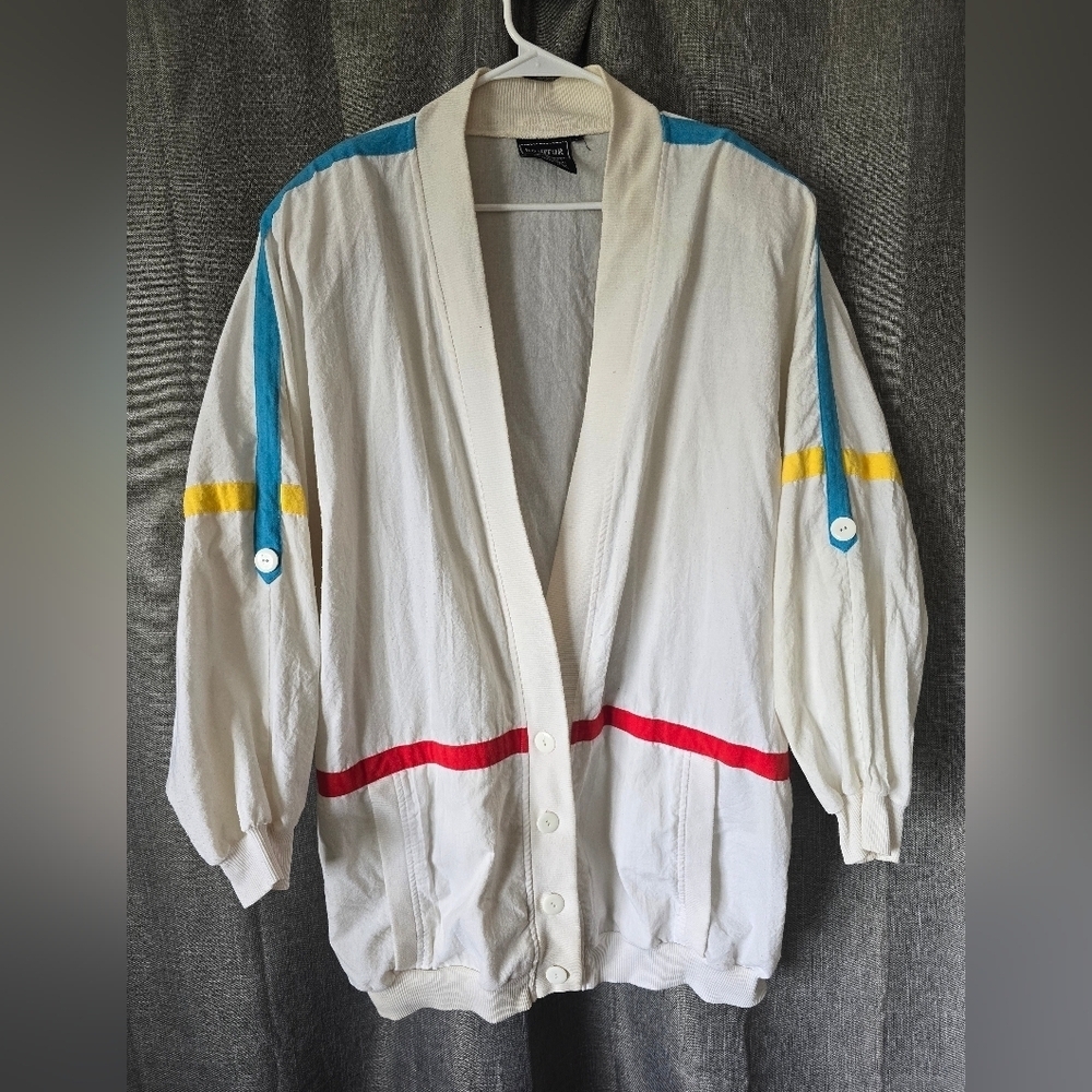 Vtg 80s Komitor White Dolman Slv Drop Waist Cardigan Top Plus Size 32W